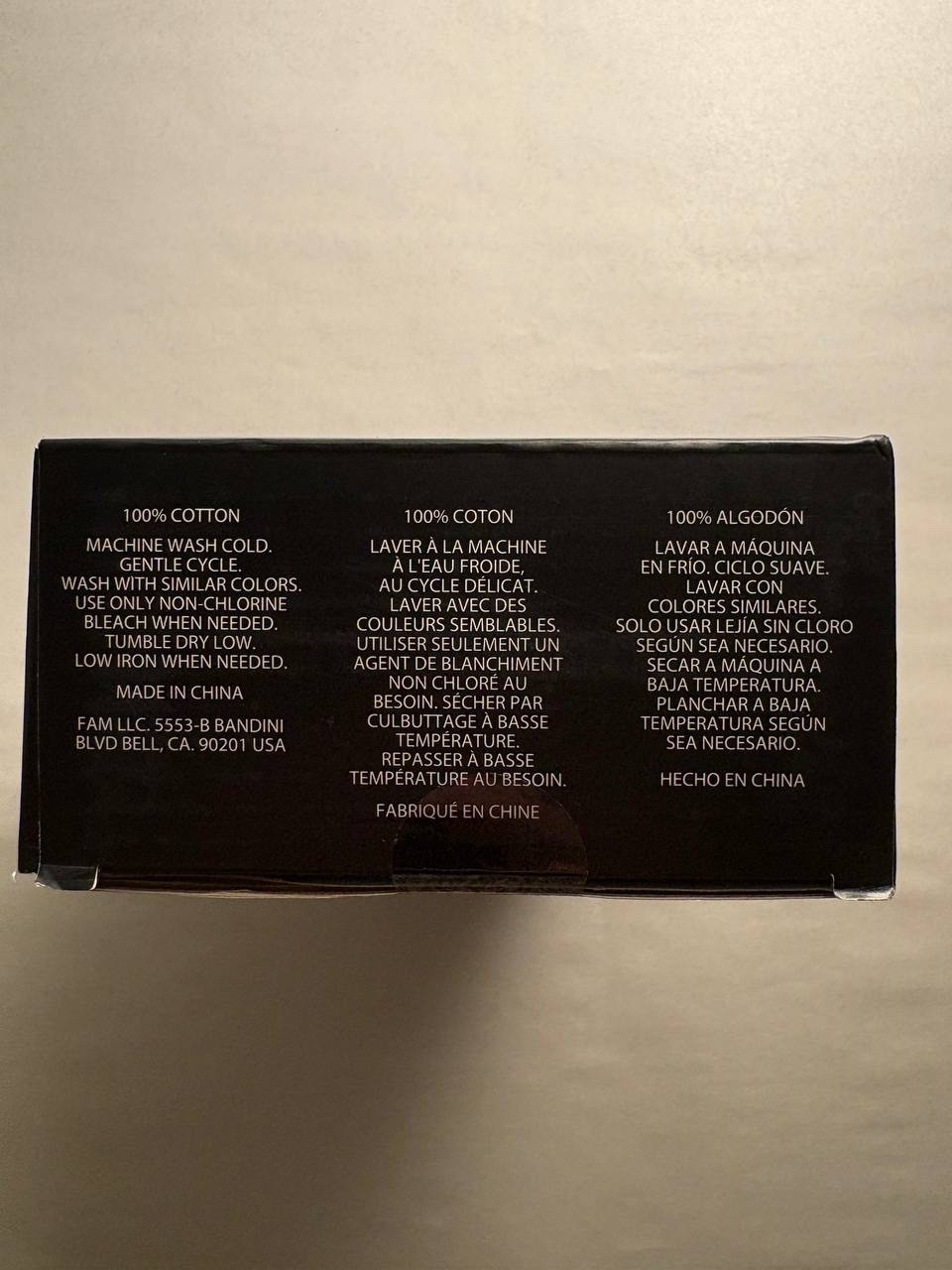 Banana Republic boxer package care panel stating 100% cotton in English, French, and Spanish