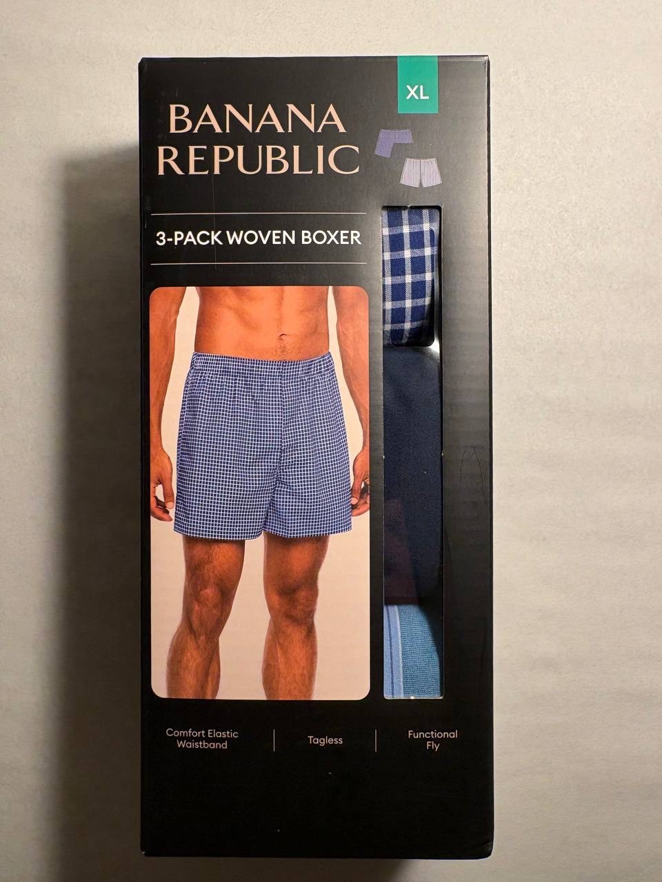 Sealed Banana Republic 3-pack of 100% cotton woven boxers, front of package